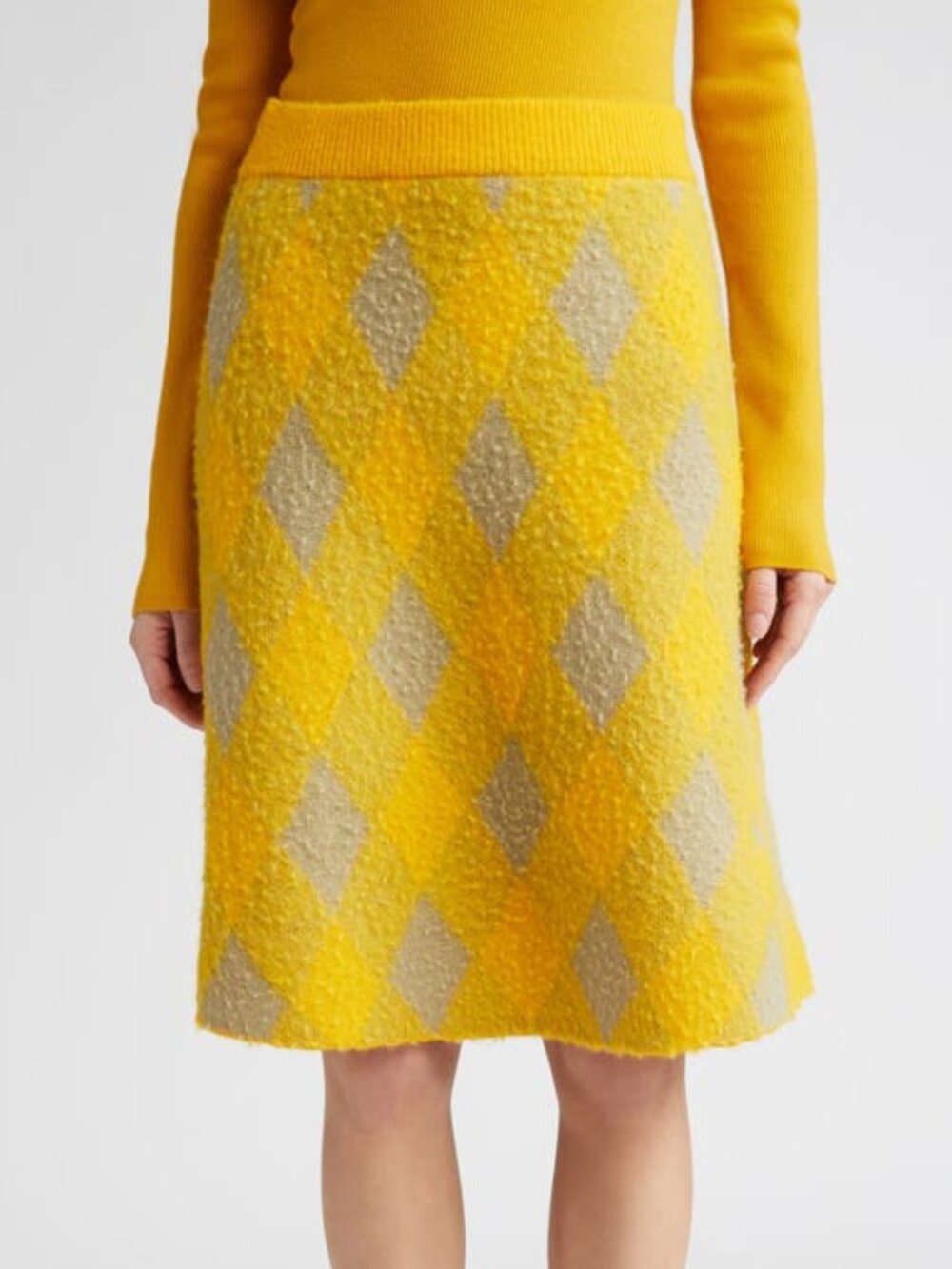BURBERRY Check Plaid Taupe Grey Canary Yellow Wool Brushed Skirt Mimosa Pattern